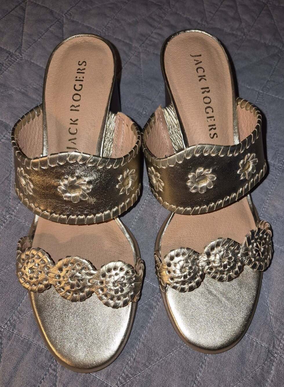 Jack Rogers Lauren Mid Heel Sandals Platinum Leather Size 8.5M